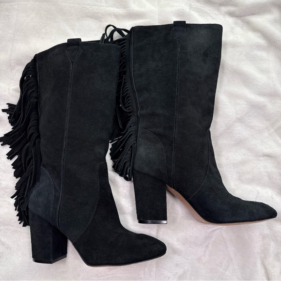 Nine West Jayden suede leather Heeled boots Size 7.5 Fringe Pull On Cowgirl Boho - Picture 3 of 14
